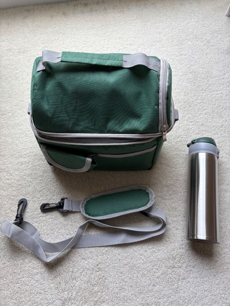 Green lunch box cool bag with flask. New