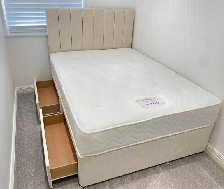 Brand New Cream Color 4FT6 Double Divan Bed With Mattress & Storage Drawers For Sale 📞🚚