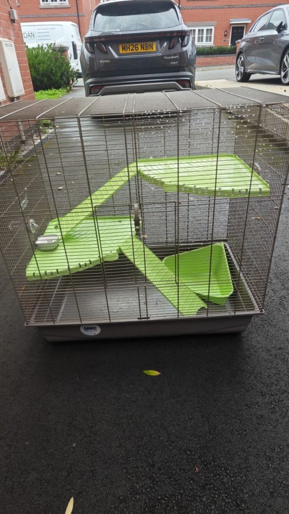Large Pet Cage with Green Platforms and Ramps