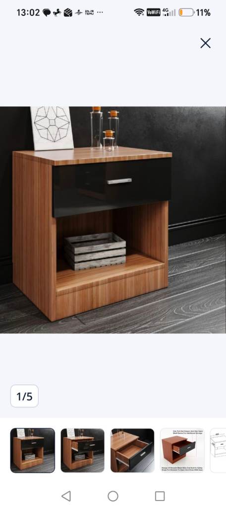 ELEGANT Bedside Table – Black/Walnut, Brand New in Box
