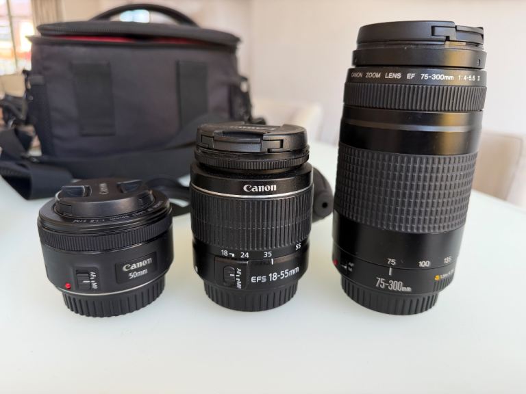 Canon 77D DSLR with lenses and tripod 