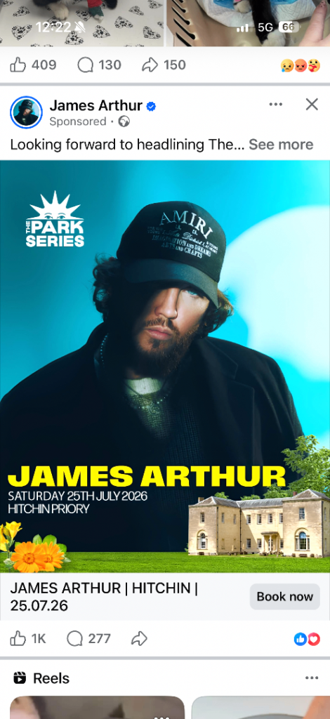 4 James Arthur Tickets - Hitchin Priory – Saturday 25th July 2026
