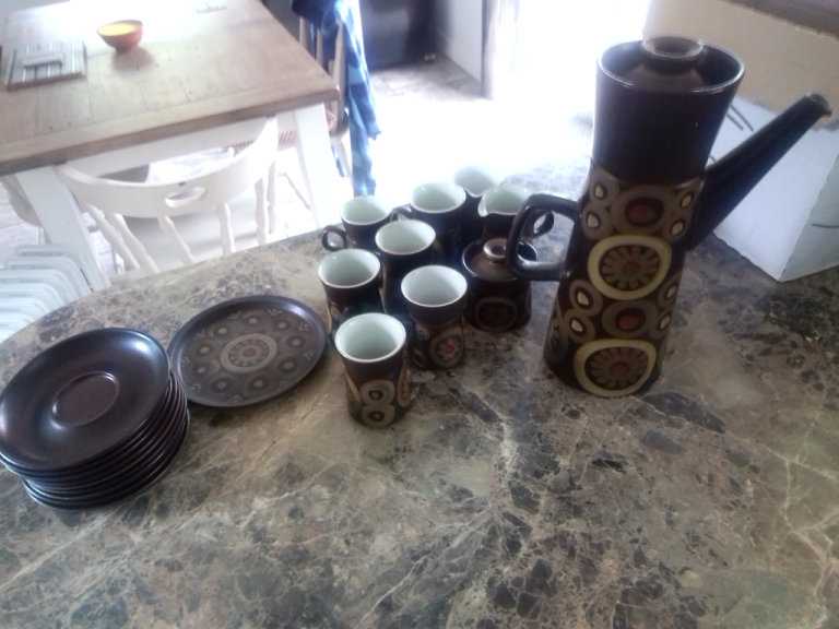 Vintage denby 1970 Arabesque coffee set, tall coffee jug with 6 cups and saucers plus extras 