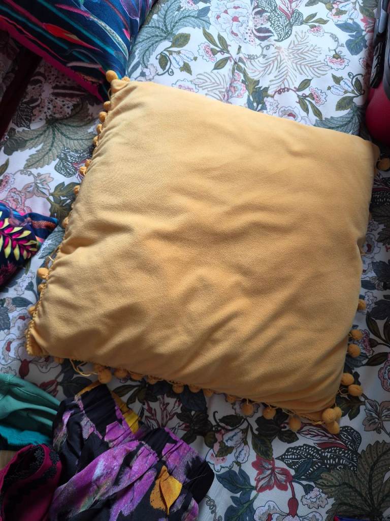 x3 mustard pom pom cushions