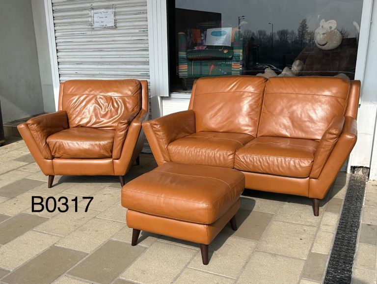 Sofology Tan Italian Leather 2 seater sofa with chair and matching footstool £295 Free Delivery 