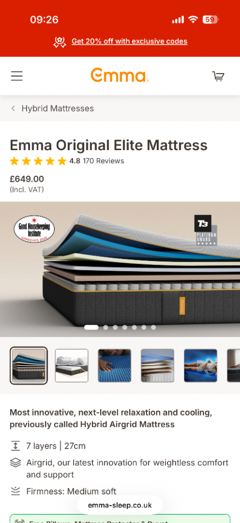 Emma Original Elite Mattress - Hybrid Airgrid, New
