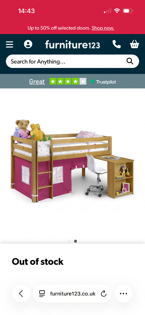 Mid sleeper bed plus storage and desk