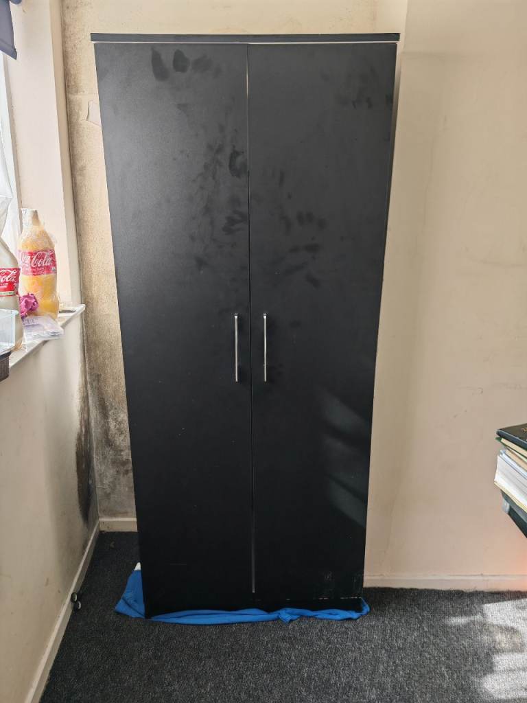 2 Door Black Wardrobe with Shelf & Rail FREE DELIVERY 044