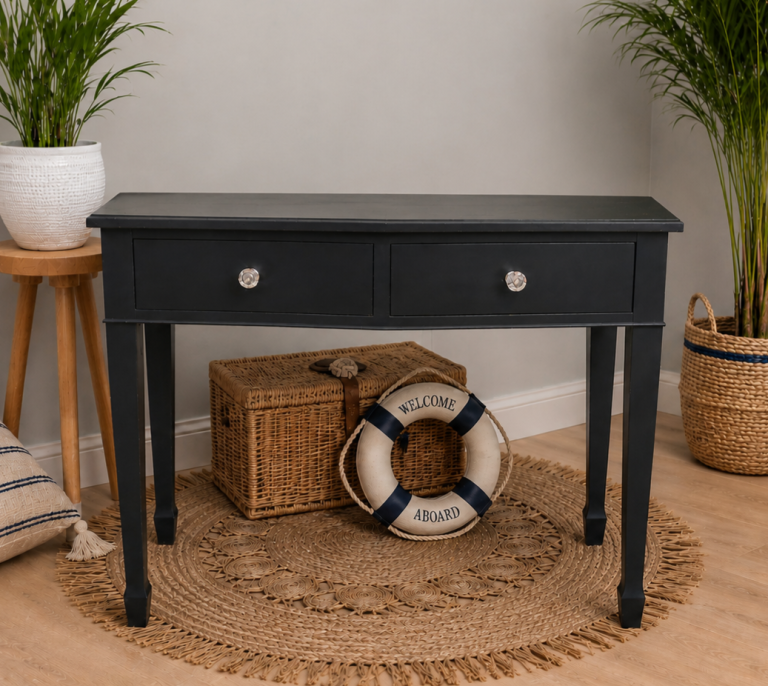 Side Make Up Dresing Solid Wood Table 2 Drawers Panited Navy Dark Blue Crystal Ball Glass Top