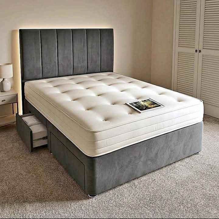 Grey Panel Divan Double Bed with Mattress and Storage - Pay on Delivery