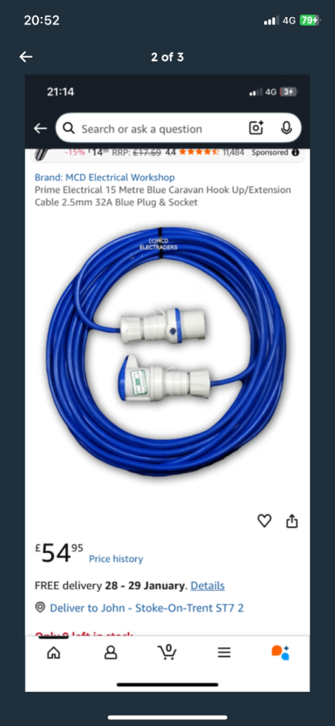 15m hook up, heavy duty cable. 