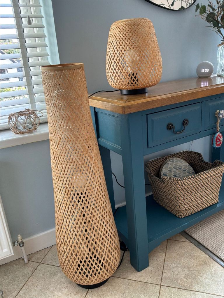 Pair of Woven Rattan Lamps – Floor and Table Lamp, Good Condition