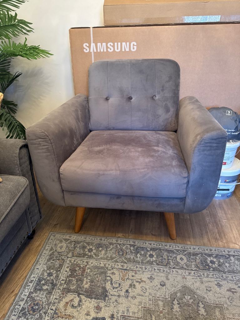 Free Grey Velvet Armchair with Wooden Legs – Good Condition