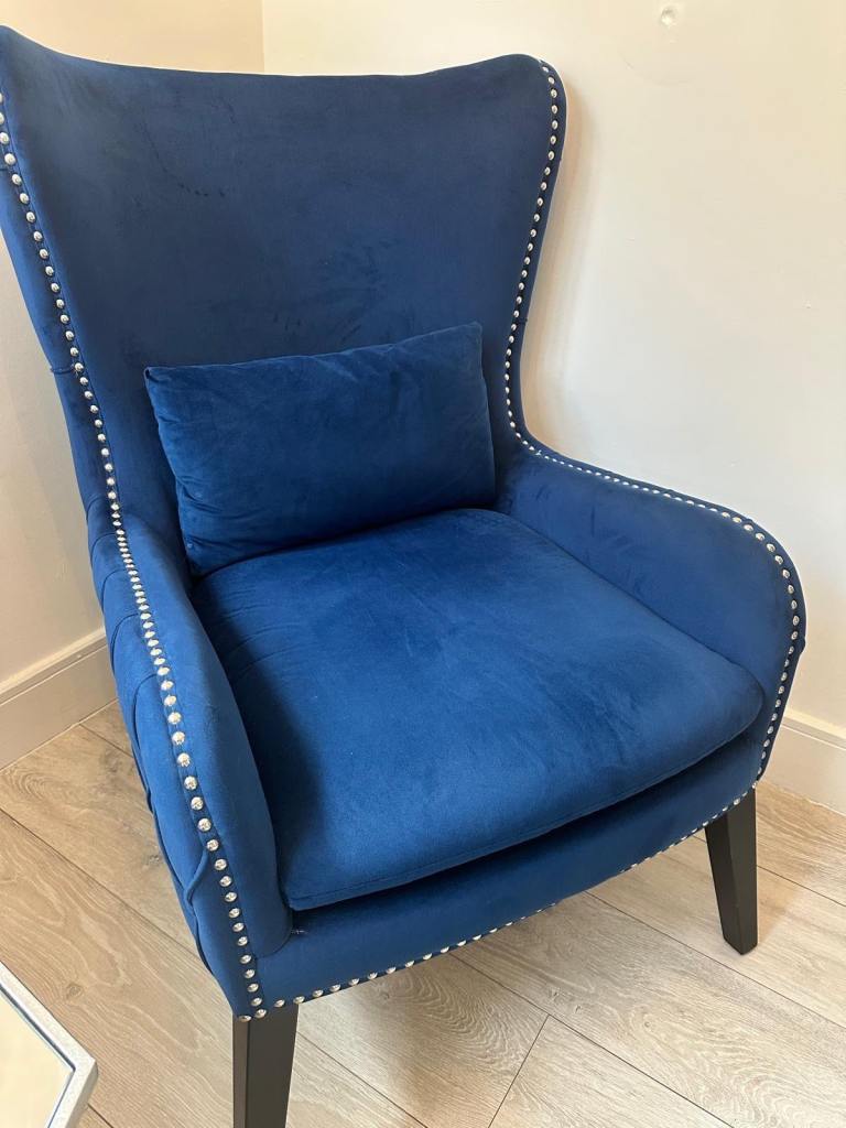 Pair of Blue Velvet Armchairs with Stud Detail – Good Condition