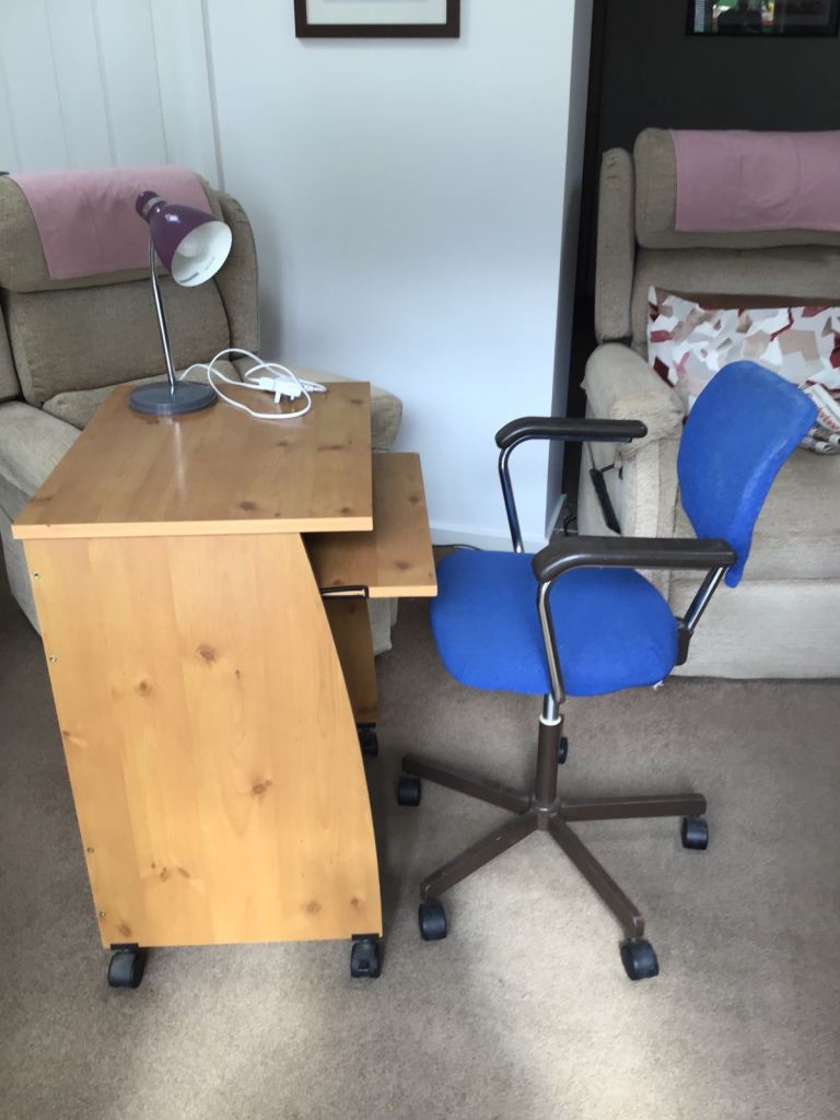 Wooden Computer Desk and Blue Office Chair – Good Condition