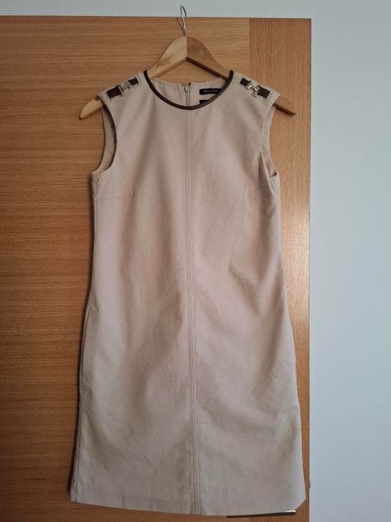 Massimo Dutti Cotton Beige Sleeveless Shift Dress with Leather Trim - Message me offers 