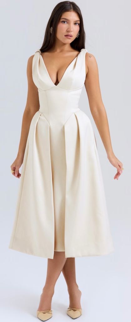image for Vintage Cream Satin Pleated Midi Dress 