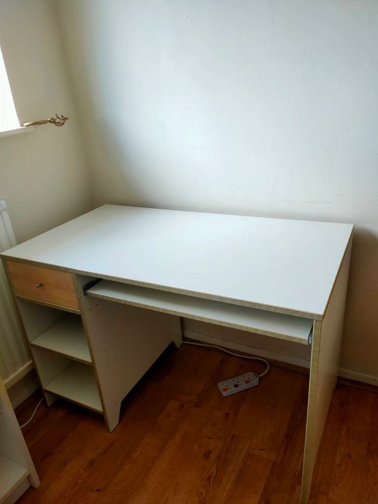 Sturdy White Wooden Desk with Drawer and Shelves