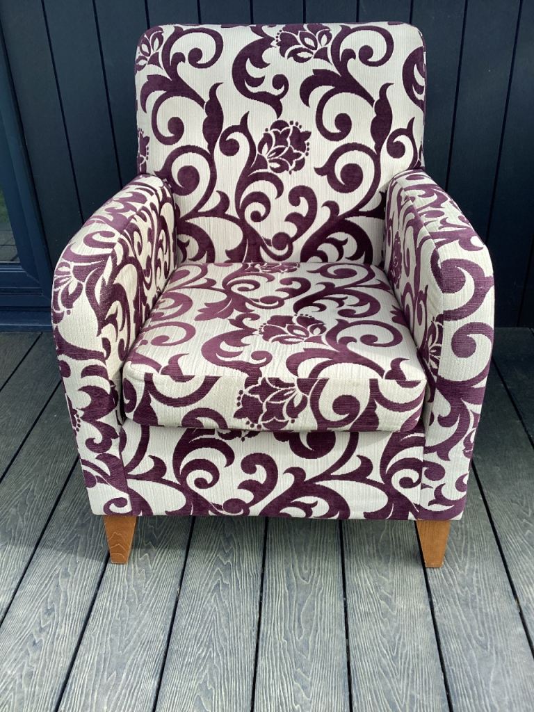 M&S occasional chair fabric large purple filigree pattern beige background