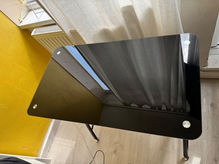 Black Glass Computer Desk – Modern Office Desk with Shelf