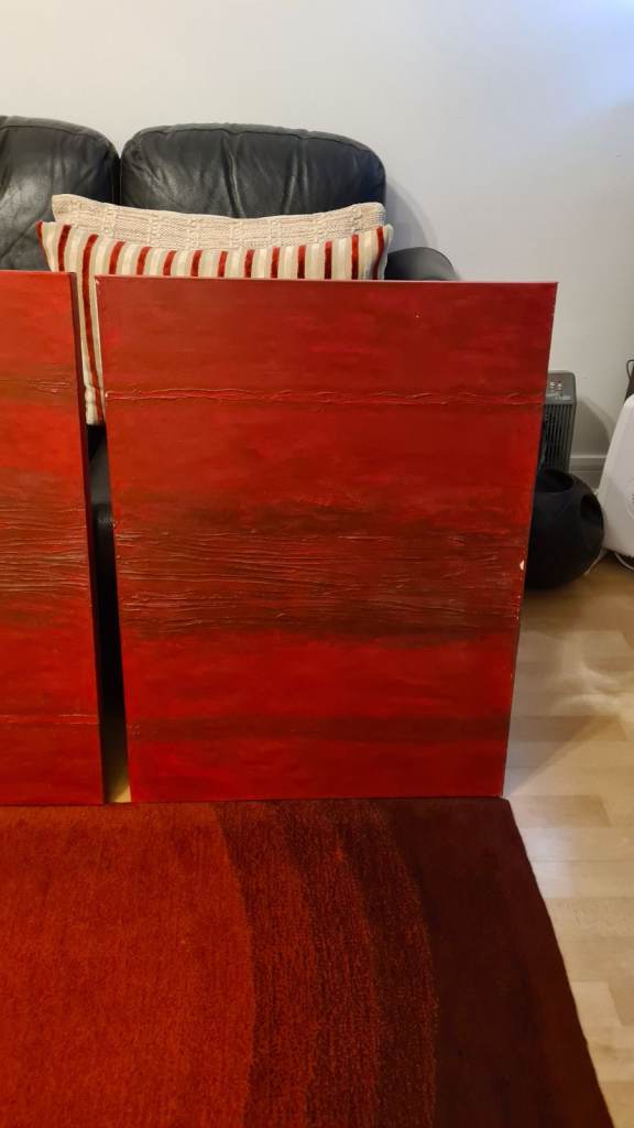 Set of 3 beautiful hand painted deep red burgundy art canvases  60 x 80cm