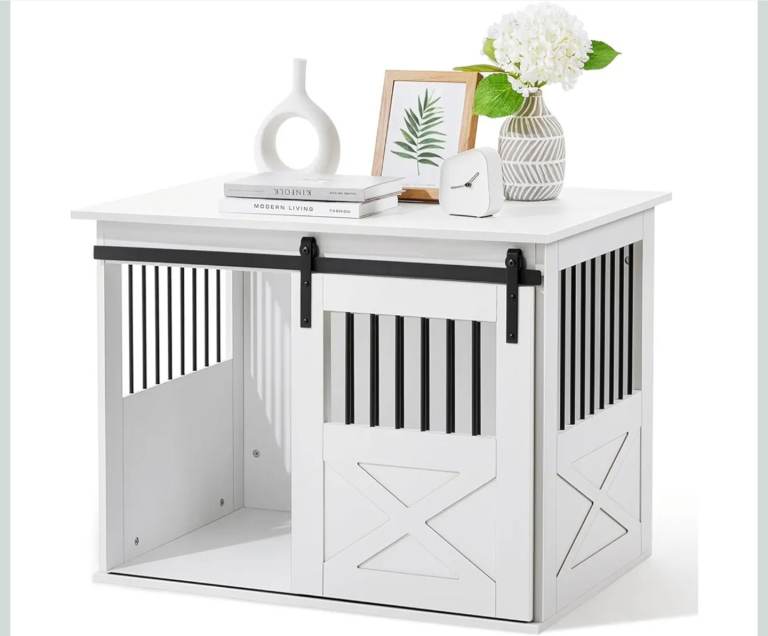 White wooden dog crate with lockable sliding door - as new 