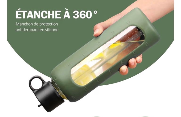 New Glass Water Bottle with Silicone Sleeve and Straw, 28cm