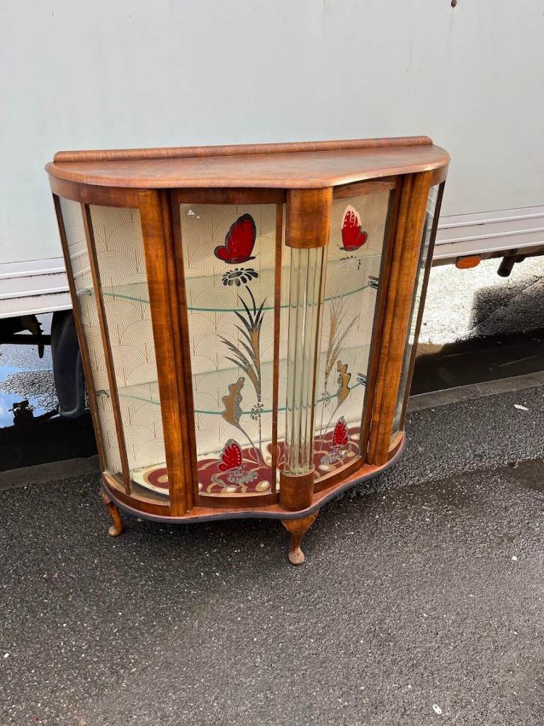  Art Deco Curved Glass Display Cabinet with Tubular Glass Column and Sliding Door