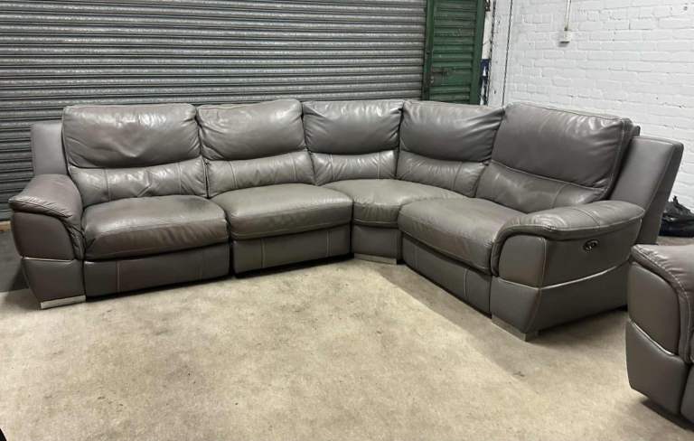 Large  genuine grey leather electric recliner corner sofa and matching arm chair
