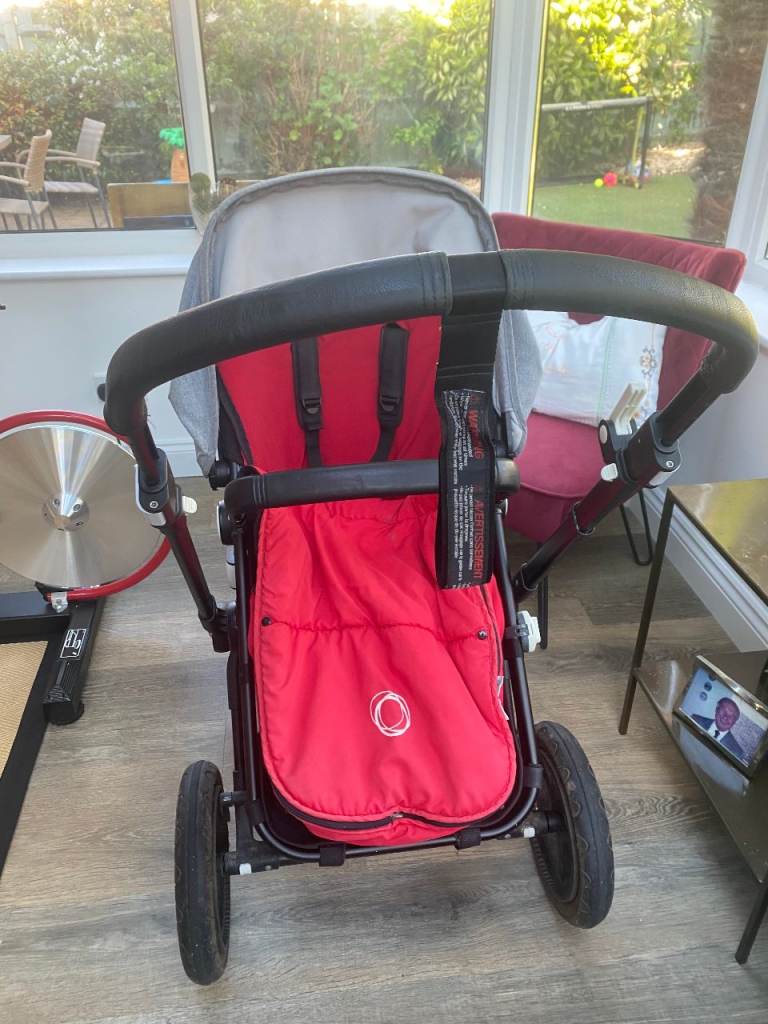 Bugaboo pram with bassinet and car seat clip on, footmuff