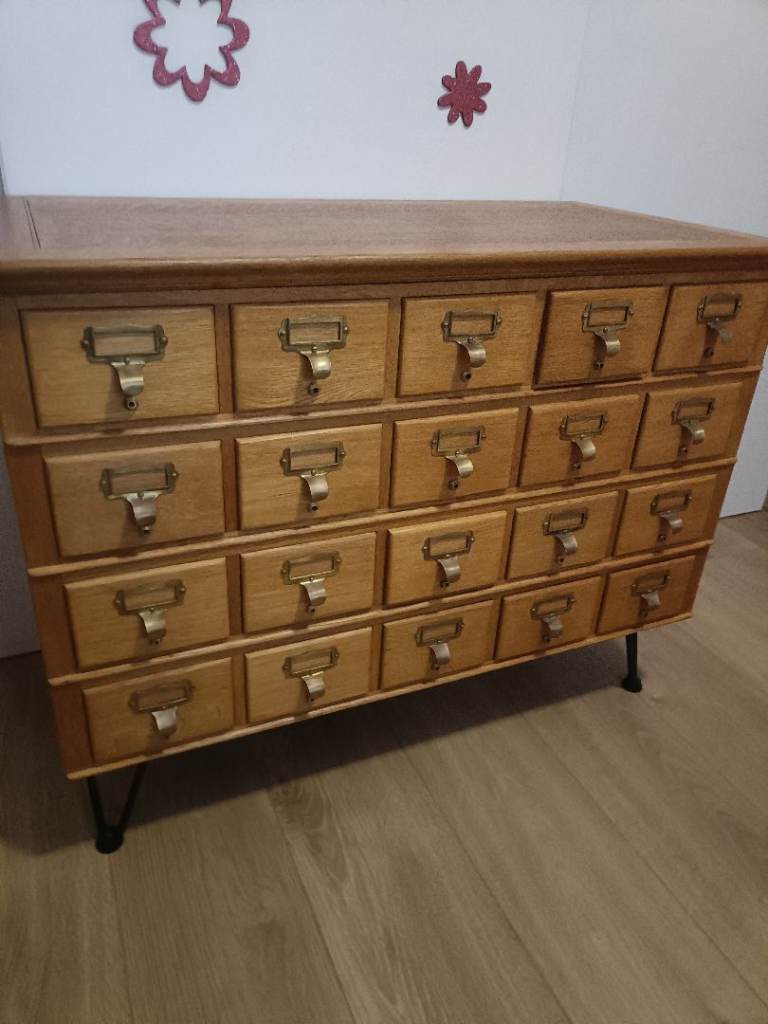 Oak 20 draw index card filing cabinet with brass name plate handles 4 layers of detachable draws 