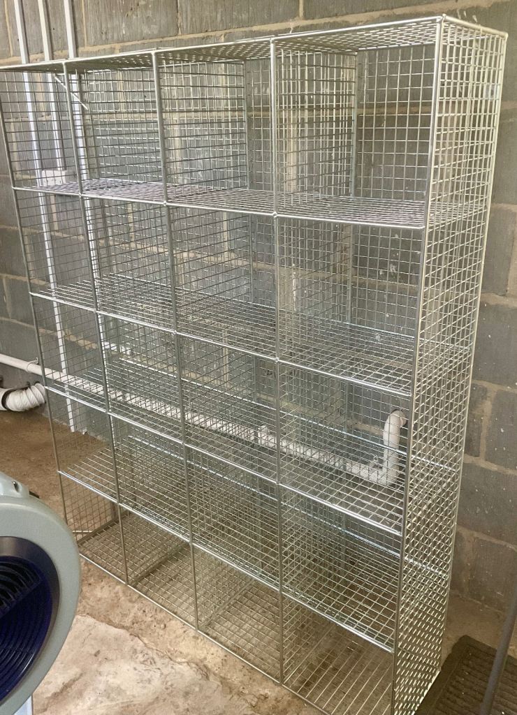 THREE 20 Multi-Compartment Wire Mesh Storage Rack Lockers (without doors): made in UK.