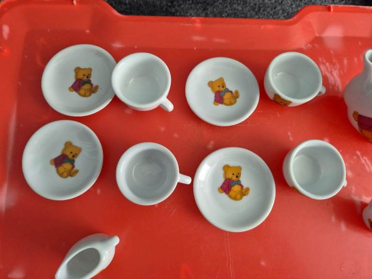 Collection of Vintage Teddy Bear Design Pottery Child's Tiny Miniature Tea Set