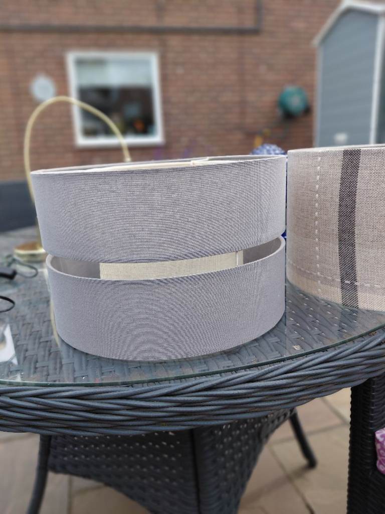 Pair of Grey Fabric Drum Lamp Shades - Good Condition