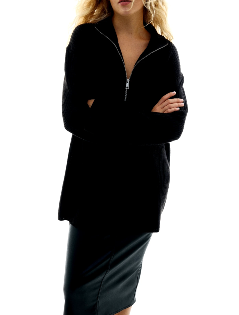 Black Thick Chunky Knit 1/2 Length Zip Loose Fit Top Sweater Jumper-Size 20/22.POST OR COLLECT!