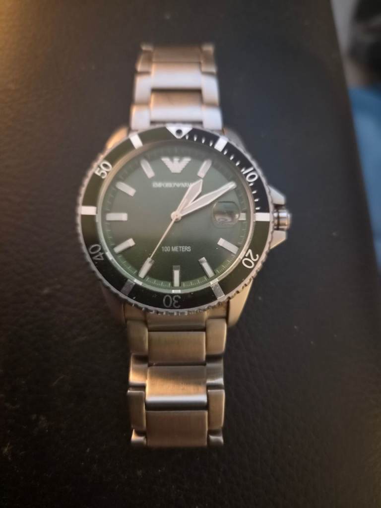 Emporio Armani Watch – Silver Strap, Dark Green Dial