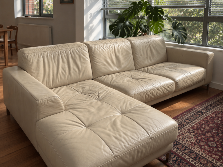 Cream Leather Corner Sofa – Fair Condition