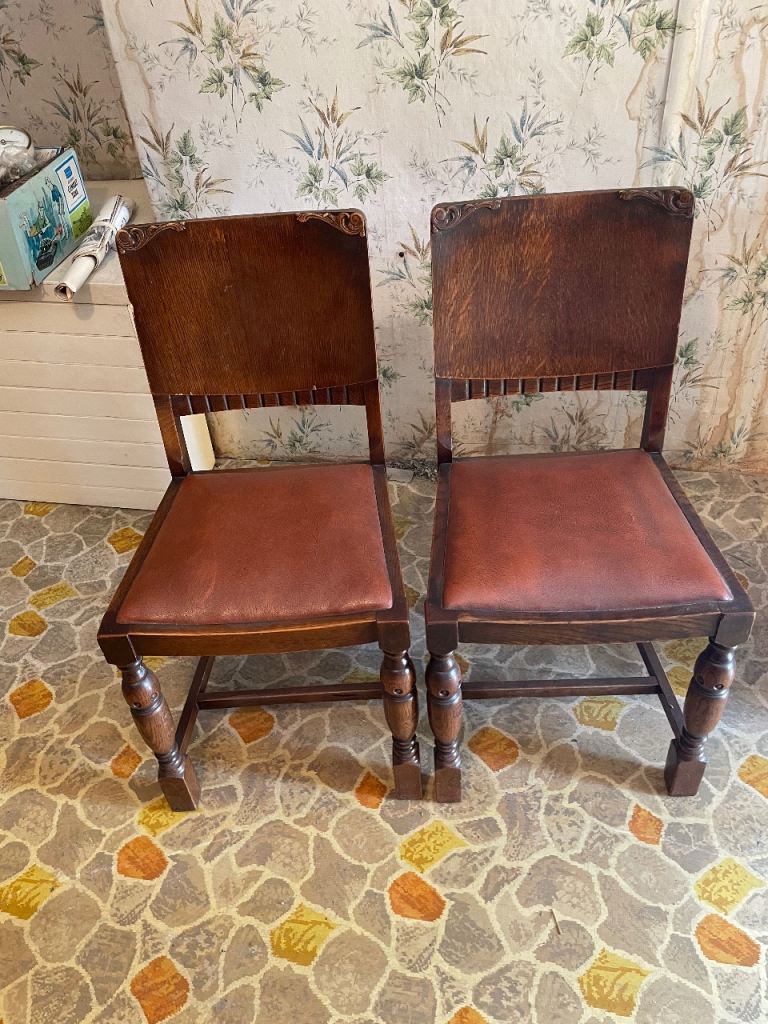 Set of 4 antique dining chairs, vintage 1920s Arts and Crafts style solid oak chairs