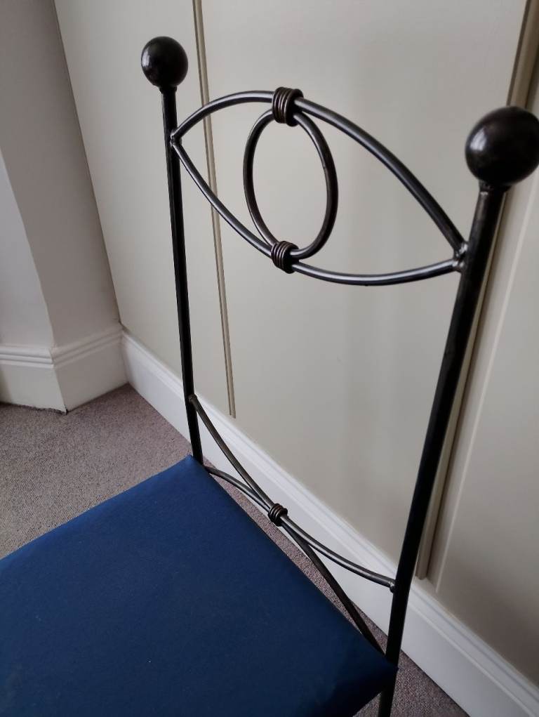 Blacksmith made, bespoke 4 metal Chairs with Blue Fabric Seat – Good Condition