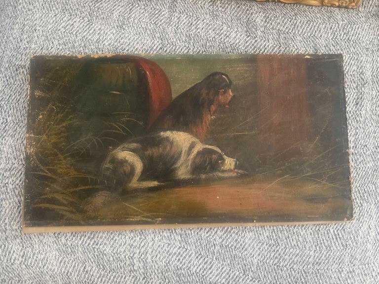 Vintage Dog Painting on Board – Charming Scene