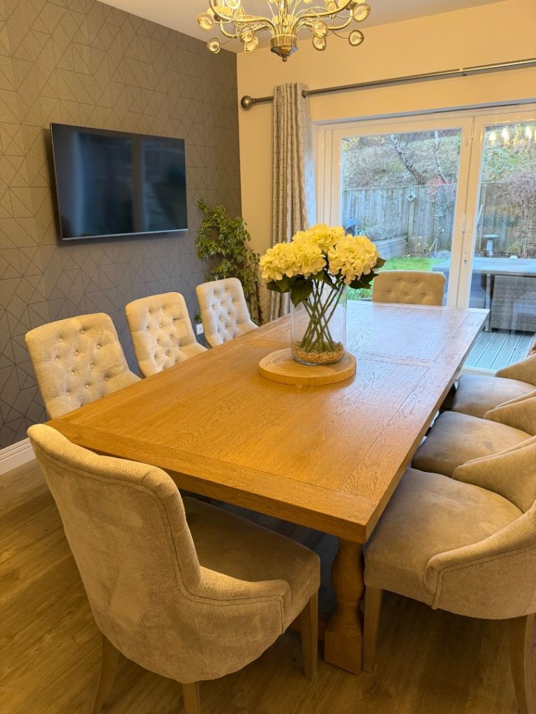 Large Solid Oak Dining Table with 8 Upholstered Chairs