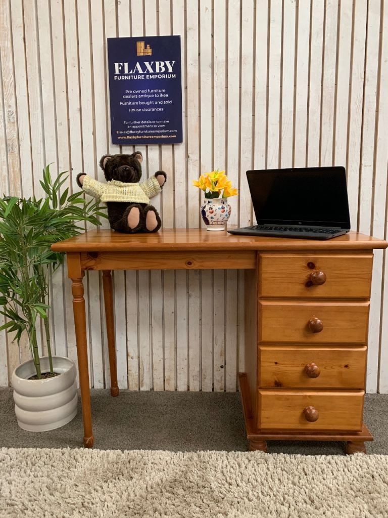Solid Pine Desk Single Pedestal Dressing Table 4 Drawers Turned Legs