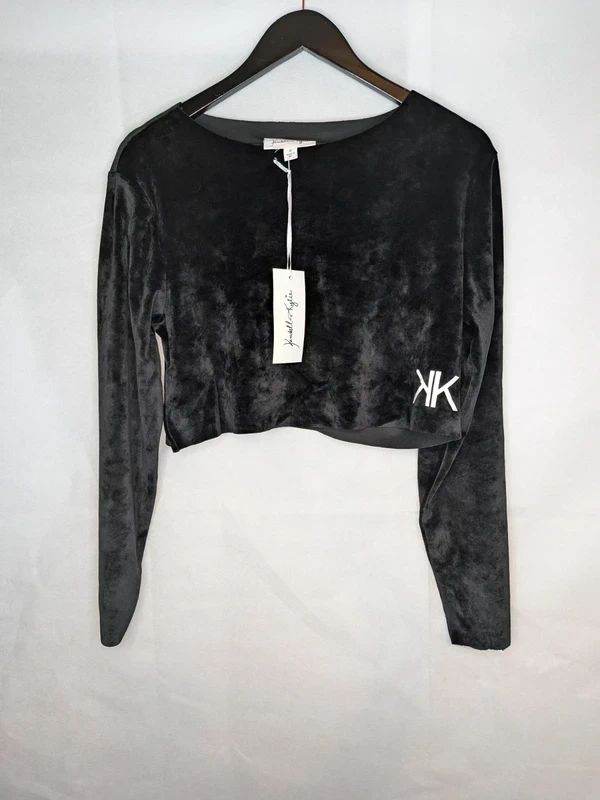 Womens Kendall & Kylie Active Velvet Uneven Crop Top Blouse Black Medium