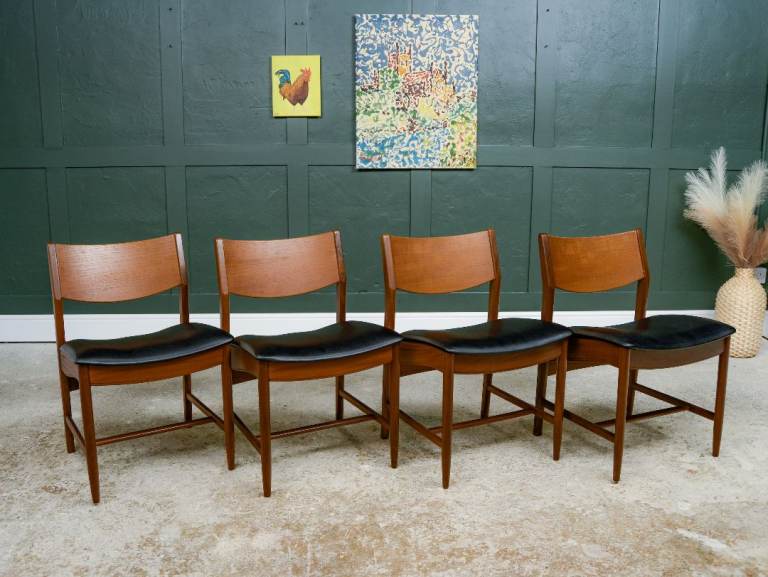 4 x Danish Teak Mid Century Dining Chairs with Black Seats -Glostrup Mobelfabrik
