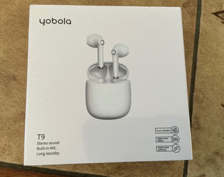 Yobola T9 White Wireless Earbuds, Bluetooth, USB-C, Stereo, IPX5 Waterproof, New, Sealed