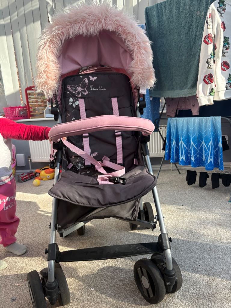 Silver Cross Pushchair - Pink and Grey with pink fur and raincover
