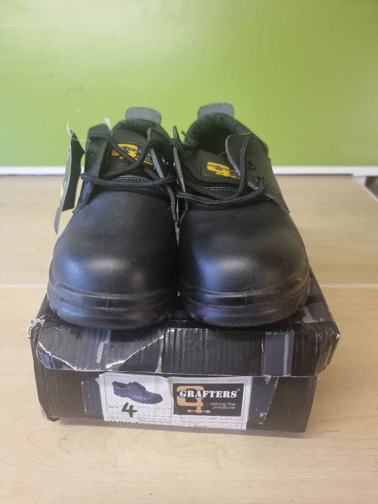 New Grafters Black Leather Safety Shoes UK4 Steel Toe Cap 