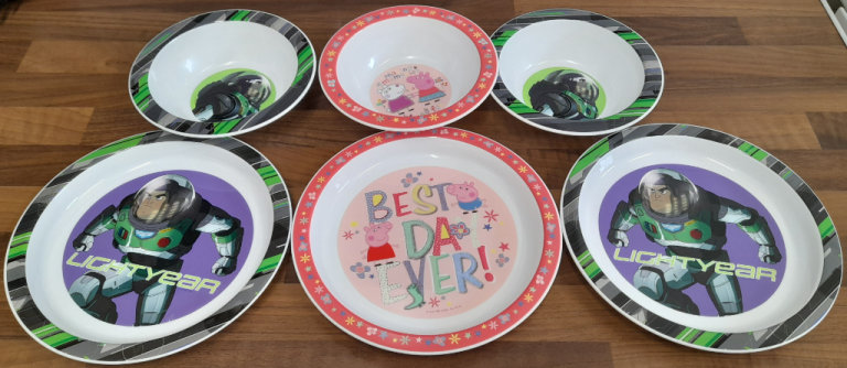 3 x Unused Childrens' Plates + 3 x Unused Children's Bowls. Buzz Lightyear & Peppa Pig. Plastic Kids
