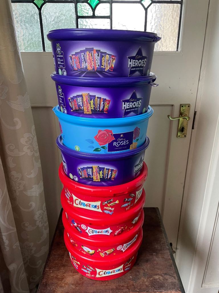 Empty Quality Street, Roses & Heroes Tubs – Good for Storage