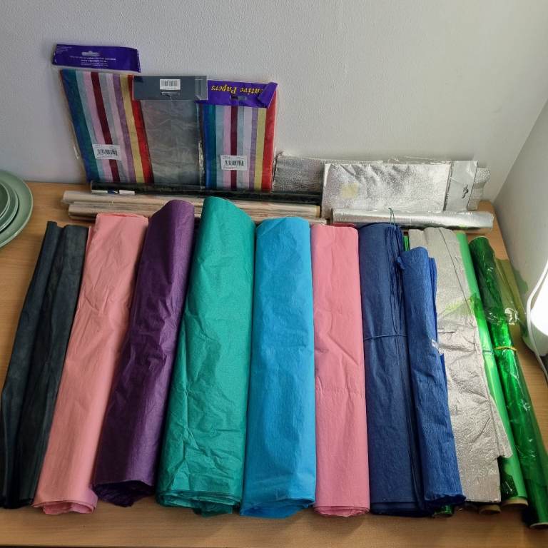 Huge Assorted Bundle Of Crepe Paper Colours and plastic wrap rolls craft DIY
